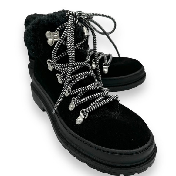 Splendid Yvette Suede Faux Shearling Trim Lace Up Booties, Black, Size 7M - Picture 4 of 12